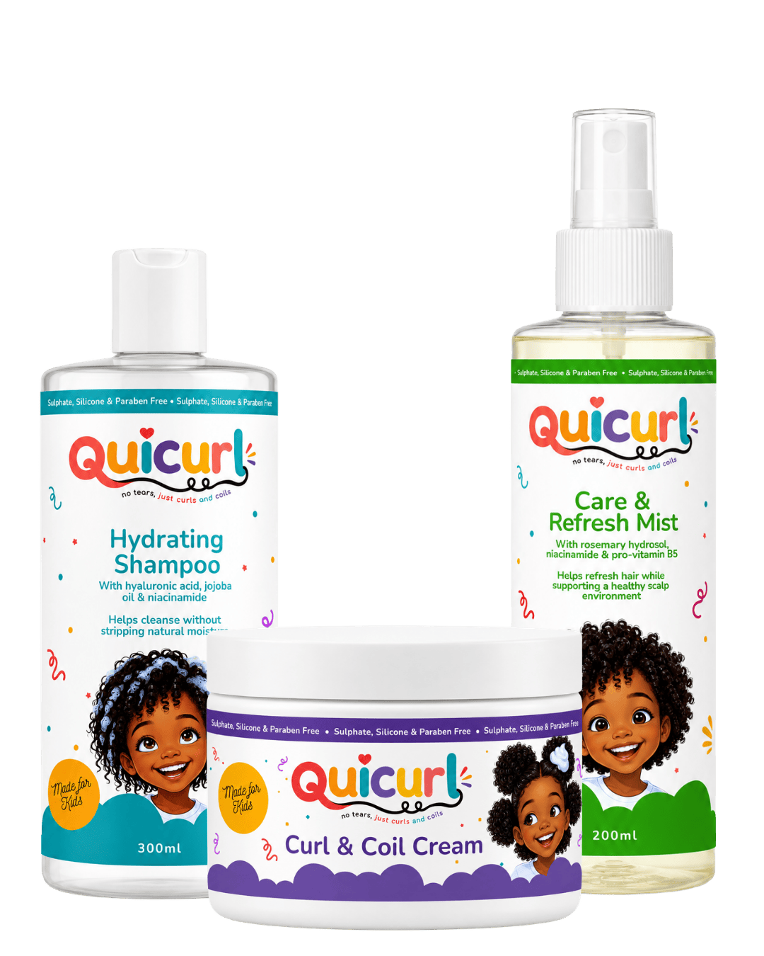 Quicurl complete routine, Shampoo, Cream and Mist for kids' curls and coils