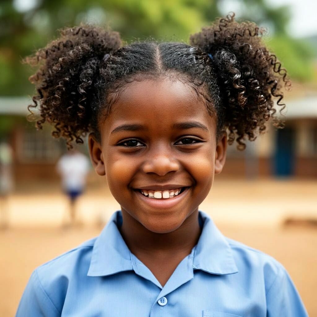 A young South African child smiling, supported through the Quicare give-back programme