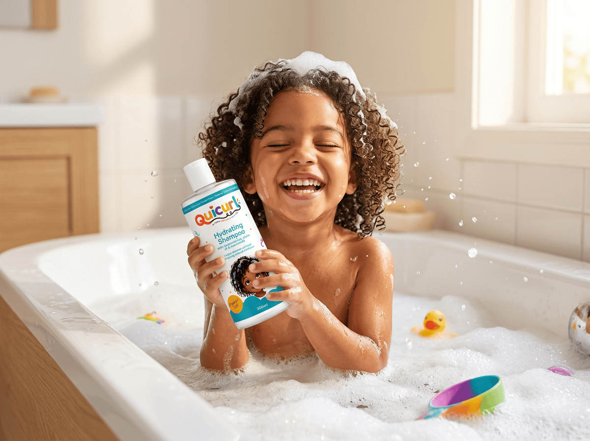 Happy child enjoying wash day with Quicurl